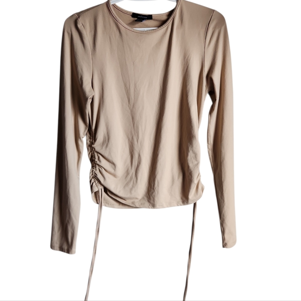 Ambiance Beige Ruched Side Long Sleeve Top Large Taupe Tan Crew Neck